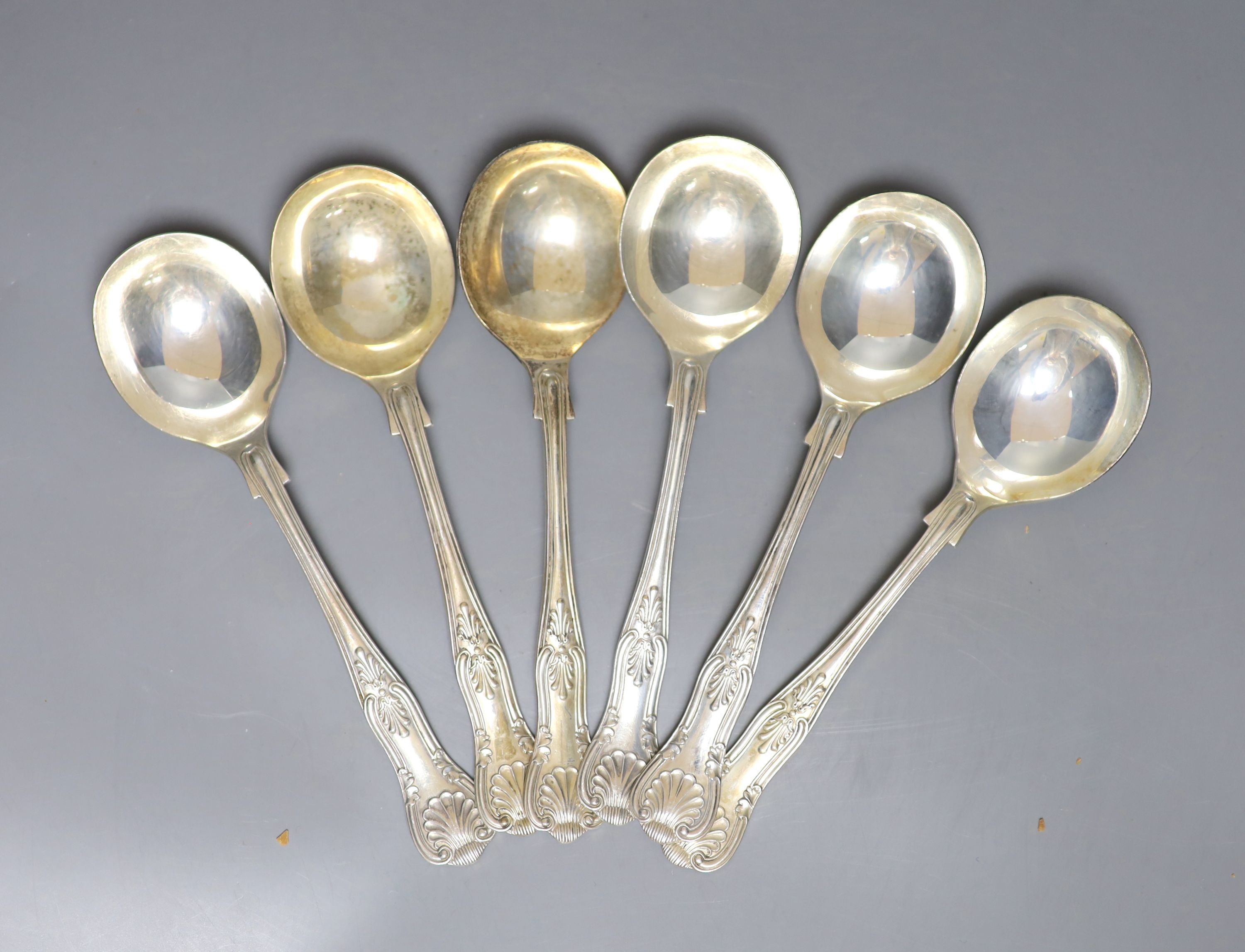 A modern set of six silver Kings pattern soup spoons, William Yates Ltd, Sheffield, 1978, 12oz.